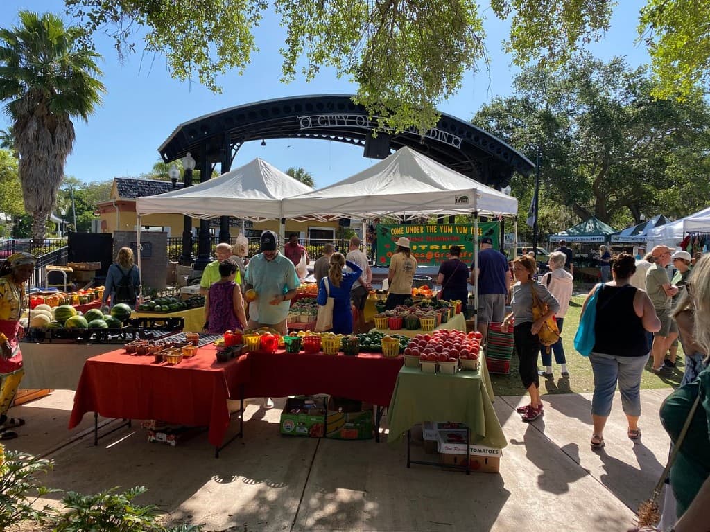 Dunedin Downtown Market with produce stands, vendor tents, shoppers, and fresh fruit and vegetables in a sunny Florida park.