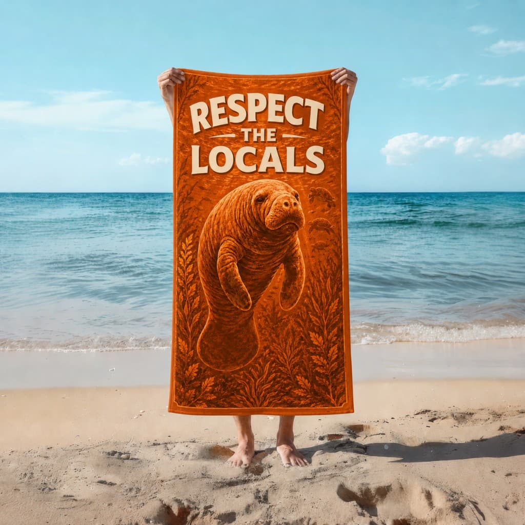 Respect the Locals manatee beach towel in front of the ocean.