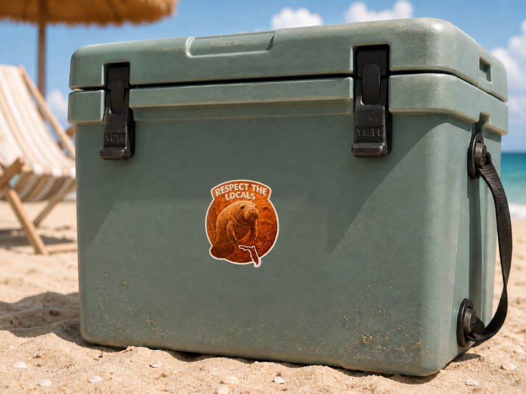 Respect the Locals manatee sticker on a beach cooler.