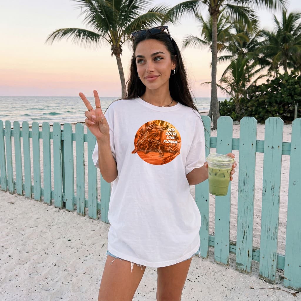 Model wearing a You Gotta Love Florida alligator graphic T-shirt at the beach.